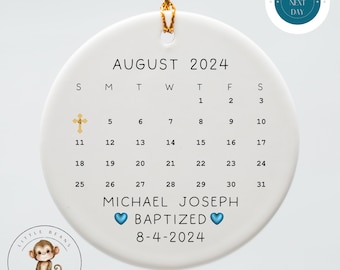 Personalized Baptism Calendar Boys Ornament | Baby Christening Ceramic Ornament | Baby Shower Gift | New Baby Religious Ornament