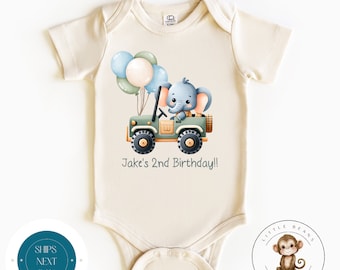 Elephant Safari Birthday Baby Onesie® | Personalized Zoo Animal Birthday Kids Shirt | Custom Birthday Party Shirt