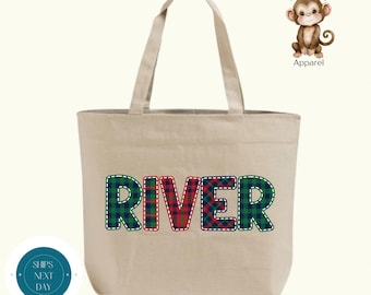 Personalized Boys Plaid XL Tote Bag: Zippered Cotton Canvas Overnight Bag