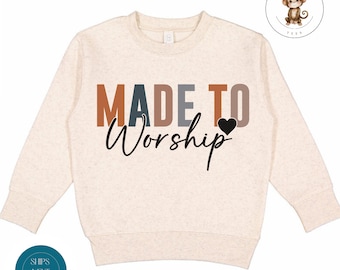 Made to Worship Toddler Sweatshirt | Vintage Natural Heathered Crewneck | Religious Christian Toddler Tshirt