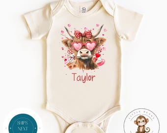 Highland Cow Personalized Valentine Baby Onesie® | Girls Custom Valentines Day Tshirt | Custom Kids Sweatshirt | Valentine Outfit