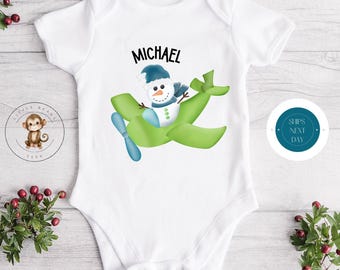 Snowman Plane Personalized Christmas Baby Onesie® | Custom Boys Tshirt | Cute Christmas Onesie® | Holiday Baby Gift | Christmas Name Onesie®