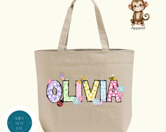 XL Personalized Spring Name Zippered Tote Bag | Custom Girls Name Cotton Canvas Tote Bag | School Sports Overnight Bag