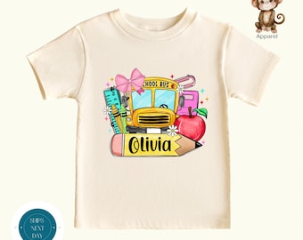 Personalized Girls School Bus Back to School Shirt | Girls First Day First Grade Tshirt | Preschool First Day School Photo Shirt