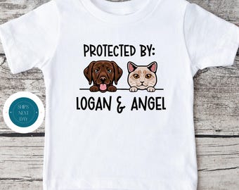 Protected By Pets Custom Kids Shirt | Baby Shower Gift | Protected By Dog Cat Onesie® | New Parent Gift | Animal Onesie®