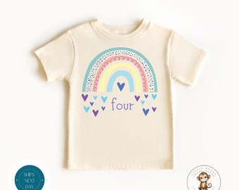 4th Birthday Girl Rainbow Hearts Kids Tshirt | Baby Rainbow Birthday Natural Onesie® | Birthday Girl Cute Tee