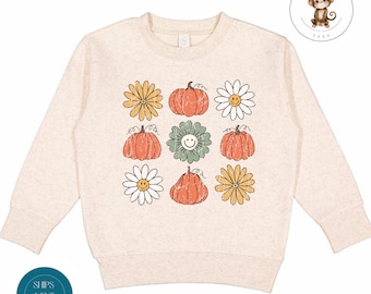 Retro Pumpkins Daisies Fall Kids Sweatshirt | Custom Halloween Tshirt | Groovy Distressed Pumpkins Kids Halloween Sweatshirt