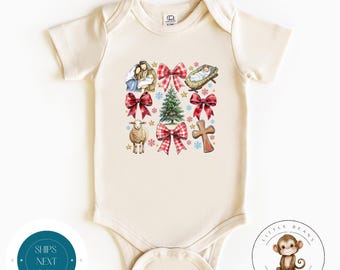 Coquette Jesus Christian Christmas Baby Onesie® | Custom Catholic Religious Kids Tshirt | Cute Christmas Baby Gift | Holiday Baby Gift