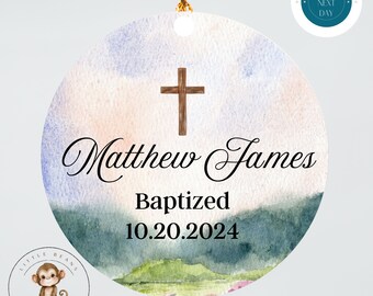 Personalized Baptism Watercolor Keepsake Ornament | Baby Christening Ceramic Ornament | Baby Shower Gift | New Baby Religious Ornament