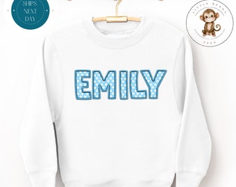 Faux Stitch Blue Flowers Name Baby Onesie®, Easter Kids Hoodie, Kids Birthday Sweater, Toddler  Easter Name Tshirt