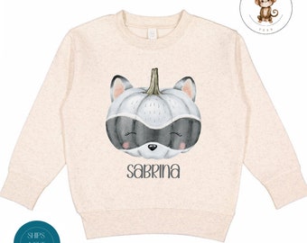 Personalized Racoon Pumpkin Toddler Sweatshirt | Cute Fall Thanksgiving Toddler Tshirt | Vintage Natural Heathered Crewneck
