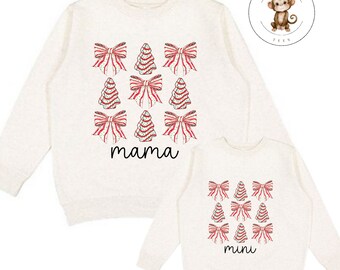Christmas Cake Trees Mama Mini Coquette Sweatshirt | Matching Mom Kids Holiday Coquette Tshirt | Cozy Hoodie Toddler Kids Adult