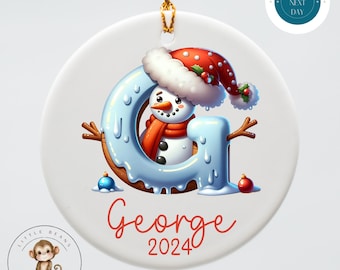 Snowman Themed Initial Personalized Christmas Tree Ornament | Yearly Name Ornament Kids Gift | Keepsake Holiday Ornament