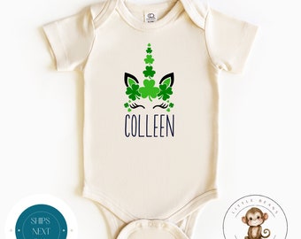 St Patricks Day Green Unicorn Personalized Name Baby Onesie® Natural | Custom St Pats Kids Tshirt | Irish Baby Outfit