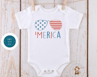 Sunglasses Merica 4th of July Baby Onesie® | Summer Holiday Baby Bodysuit | Cute 4th of July Outfit