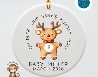 Reindeer Baby Announcement Ornament: Ceramic Christmas Ornament