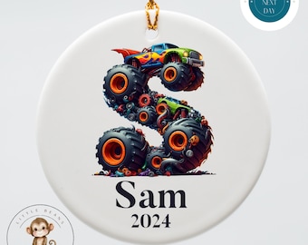 Big Truck Themed Initial Personalized Christmas Tree Ornament | Yearly Name Ornament Kids Gift | Keepsake Holiday Ornament