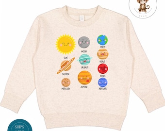 Solar System Planets Toddler Sweatshirt | Vintage Natural Heathered Crewneck | Cute Planets Toddler Tshirt