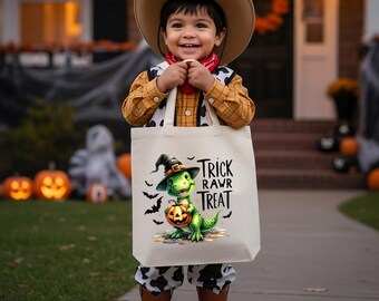 Trick Rawr Treat Dinosaur Halloween Canvas Tote Bag | Custom Candy Bag