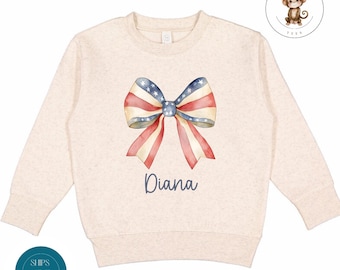 American Flag Bow Personalized Girls Sweatshirt | Coquette Americana Custom Girls Shirt | Cute USA Bow Name Baby Onesie®