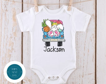 Blue Bunny Truck Personalized Easter Baby Onesie® | Cute Easter Name Onesie® | Custom Easter Kids Tshirt | Easter Bunny Gift
