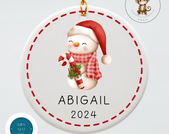 Snowman Candy Cane Personalized Christmas Ornament | Yearly Ornament Kids Gift | Keepsake Holiday Ornament
