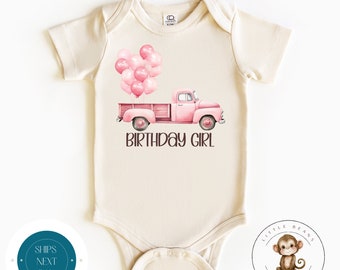 Pink Truck Balloons Custom Name Birthday Tshirt | Name Birthday Onesie® | Cute Girly Birthday Tee
