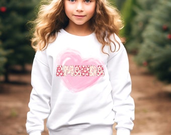 Personalized Kids Valentine Name Watercolor Heart Sweatshirt | Custom Valentine Kids Sweater | Valentine Kid Gift | Valentine Tshirt