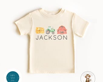 Farm Themed Personalized Name Kids Tshirt | Tractor Barn Name Onesie® | Kids Farm Tshirt | Baby Shower Gift