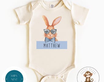 Easter Boys Personalized Baby Onesie® | Gingham Bunny Name Onesie® | Cute Easter Kids Tshirt | Easter Bunny Gift