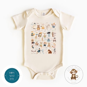 Body para bebé con alfabeto de animales / Regalo para baby shower / Camiseta divertida y adorable para niños