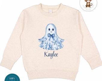 Blue Toile Personalized Ghost Baby Onesie® | Custom Ghost Halloween Tshirt | Halloween Party Kids Shirt