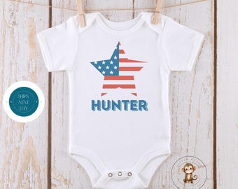 America Flag Star 4th of July Baby Onesie® | Personalized Name July 4th Onesie® | 4th of July Onesie®