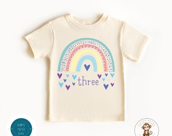 3rd Birthday Girl Rainbow Hearts Kids Tshirt | Rainbow Birthday Natural Onesie® | Birthday Girl Cute Tee