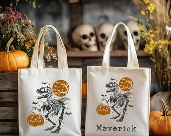 Personalized Skeleton Dinosaur Halloween Trick or Treat Tote Bag | Custom Boo Bag