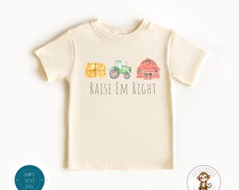 Raise Em Right Farm Kids Shirt | Tractor Barn Onesie® | Kids Farm Tshirt | Baby Shower Gift