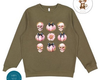 Coquette Pink Pumpkin Skulls Sweatshirt | Halloween Fall Girly Shirt | Cozy Hoodie Toddler Kids Adult | Gift For Her