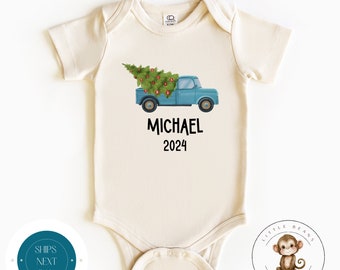 Blue Truck Tree Personalized Christmas Onesie® | Custom Name Holiday Kids Tshirt | Cute Baby Christmas Onesie® | Holiday Party Shirt