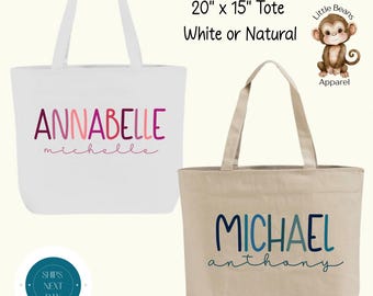 XL Personalized Zippered Tote Bag | Custom Name Kids Cotton Canvas Tote Bag | School Sports Overnight Bag