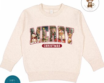 Retro Merry Christmas Cozy Kids Sweatshirt | Trendy Kids Holiday Tshirt | Holiday Outfit | Christmas Gift