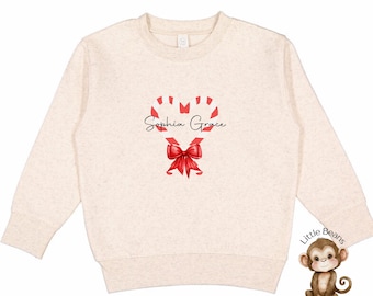 Personalized Candy Cane Heart Christmas Sweatshirt | Girls Bow Custom Holiday Shirt