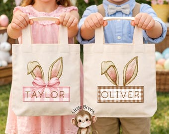 Personalized Bunny Ears Easter Tote Bag | Kids Egg Hunt Treat Bag