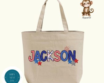 Personalized USA Name Zippered Tote Bag | Custom Patriotic 4th of July Cotton Canvas Tote Bag | School Sports Overnight Bag
