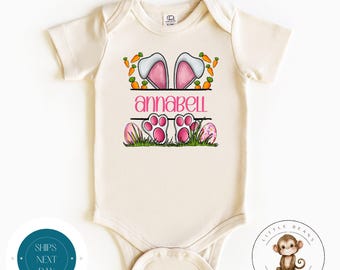 Bunny Ears Feet Carrots Eggs Personalized Baby Onesie® | Split Bunny Name Onesie® | Cute Easter Kids Tshirt | Easter Bunny Gift