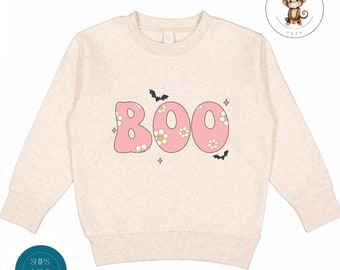 BOO Daisies Fall Kids Sweatshirt | Custom Halloween Tshirt | Cute Girly BOO Kids Halloween Shirt