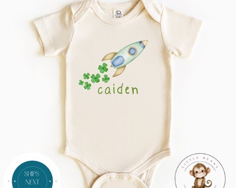 Rocket Ship Shamrocks Personalized Baby Onesie® | Custom St Patricks Kids Tshirt | Irish Baby Kids Outfit