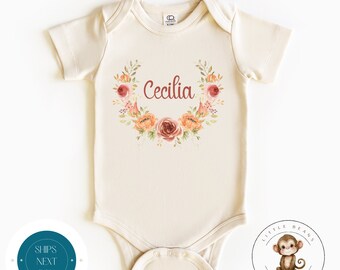 Fall Floral Wreath Personalized Name Natural Onesie® | Pretty Fall Custom Onesie® | Cute Baby Shower Gift