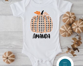 Plaid Pumpkin Personalized Fall Onesie® | Custom Kids Tshirt | Cute Fall Name Onesie®