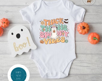 Thick Thighs Spooky Vibes Halloween Onesie® | Custom Kids Tshirt | Cute Baby Halloween Retro Onesie®