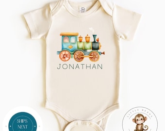 Watercolor Train Personalized Baby Onesie® | Name Baby Onesie® | Cute Baby Shower Gift | Natural Onesie®